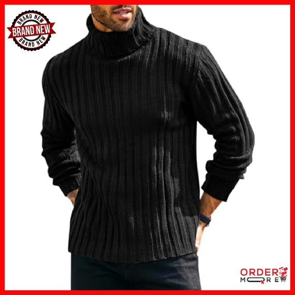 Chunky Cable Knit Turtleneck Sweater Slim Fit Mens Winter Pullover - Picture 2 of 6